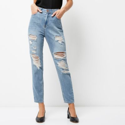 Mid blue wash ripped Mom jeans